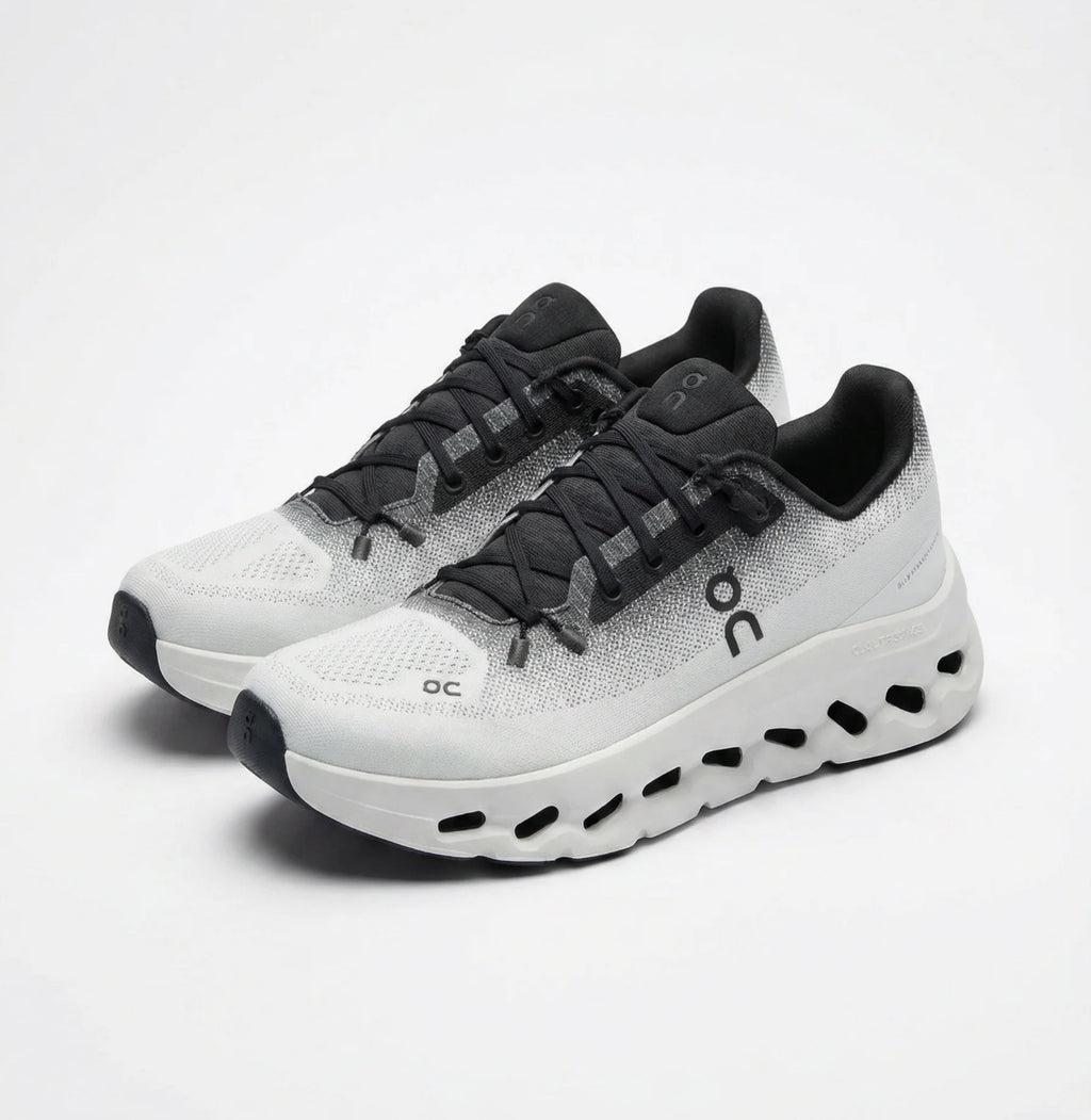 On Cloudmonster "Speckled Grey/Black"